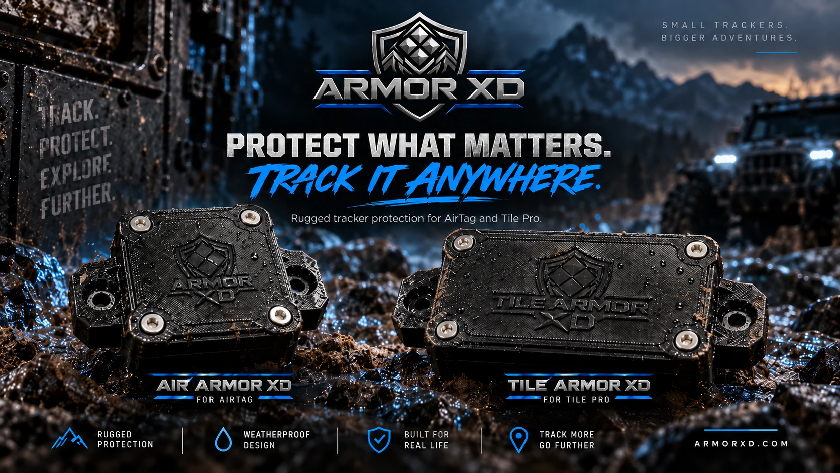 Armor XD: Protect what matters. Air Armor XD for AirTag and Tile Armor XD for Tile Pro, pictured together in an outdoor adventure scene.
