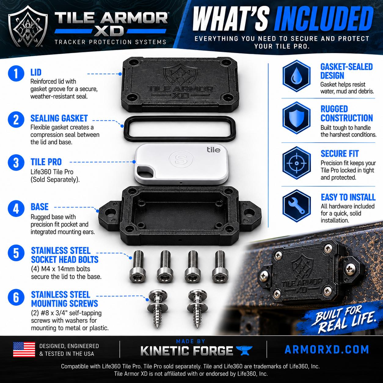 Tile Armor XD enclosure mounted against a metal surface, from the supplied product artwork.